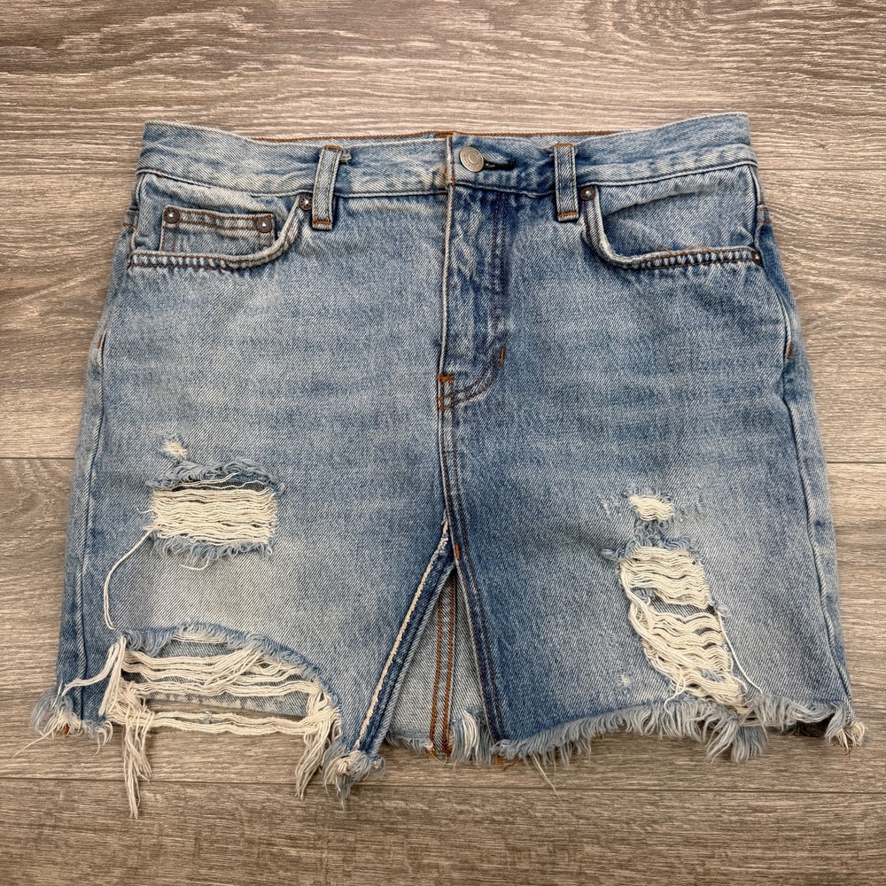 Free People Jean Skirt Womens 30 Blue Denim Mini Distressed Ripped Slit Frayed**